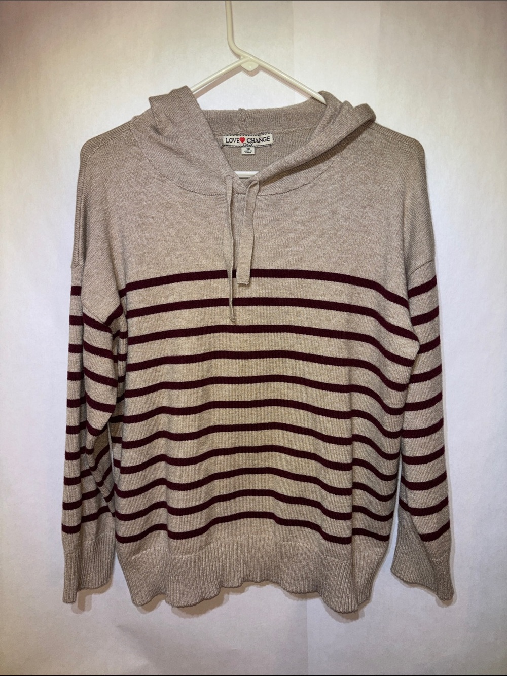 Women’s Beige Hooded Sweater with Burgundy Stripes